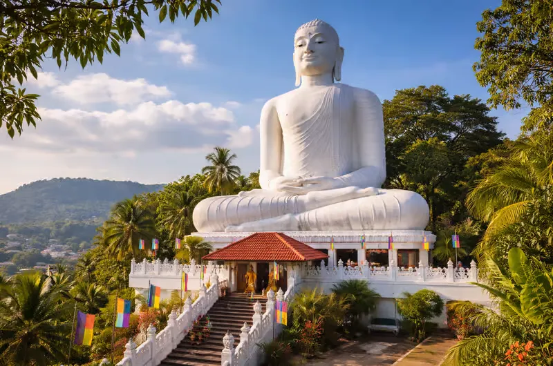 The white Bahirawakanda Vihara Buddha statue overlooking Kandy