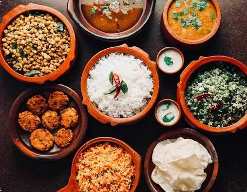Rice served with an array of Sri Lankan curries